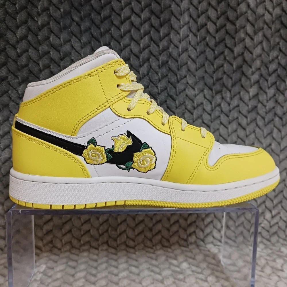Air Jordan 1 Retro Mid SE GS Dynamic Yellow Floral Rose Patch Shoes Size 4.5Y